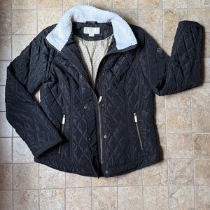 Michael Kors Quilted Puffer Jacket Faux Shearling Collar Pockets Zip Snap Front
